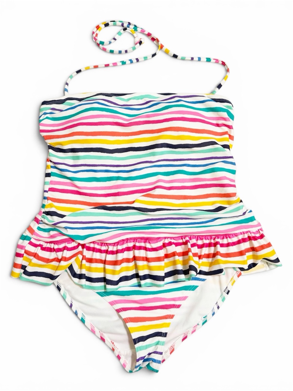 Joe Boxer Rainbow Striped Ruffle Waist Halter Tie Swimsuit